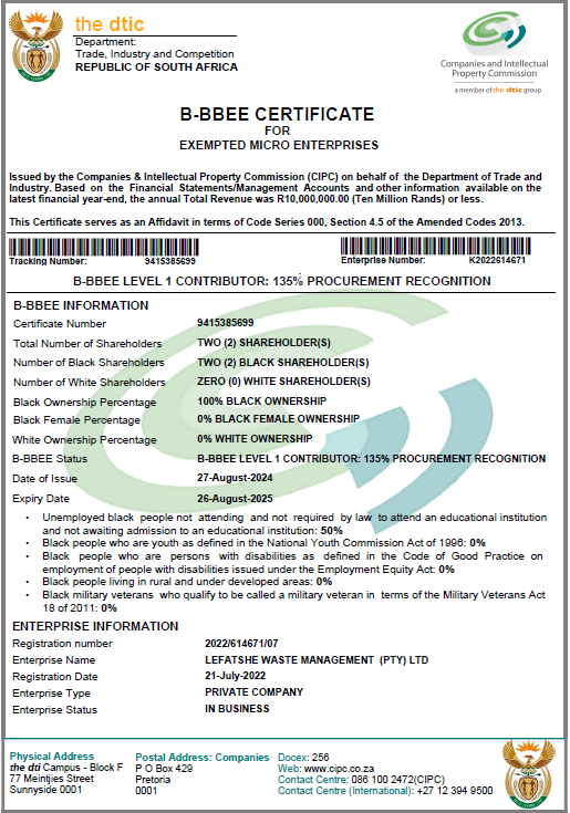 Lefatshe Waste Management B-BBEE Certificate